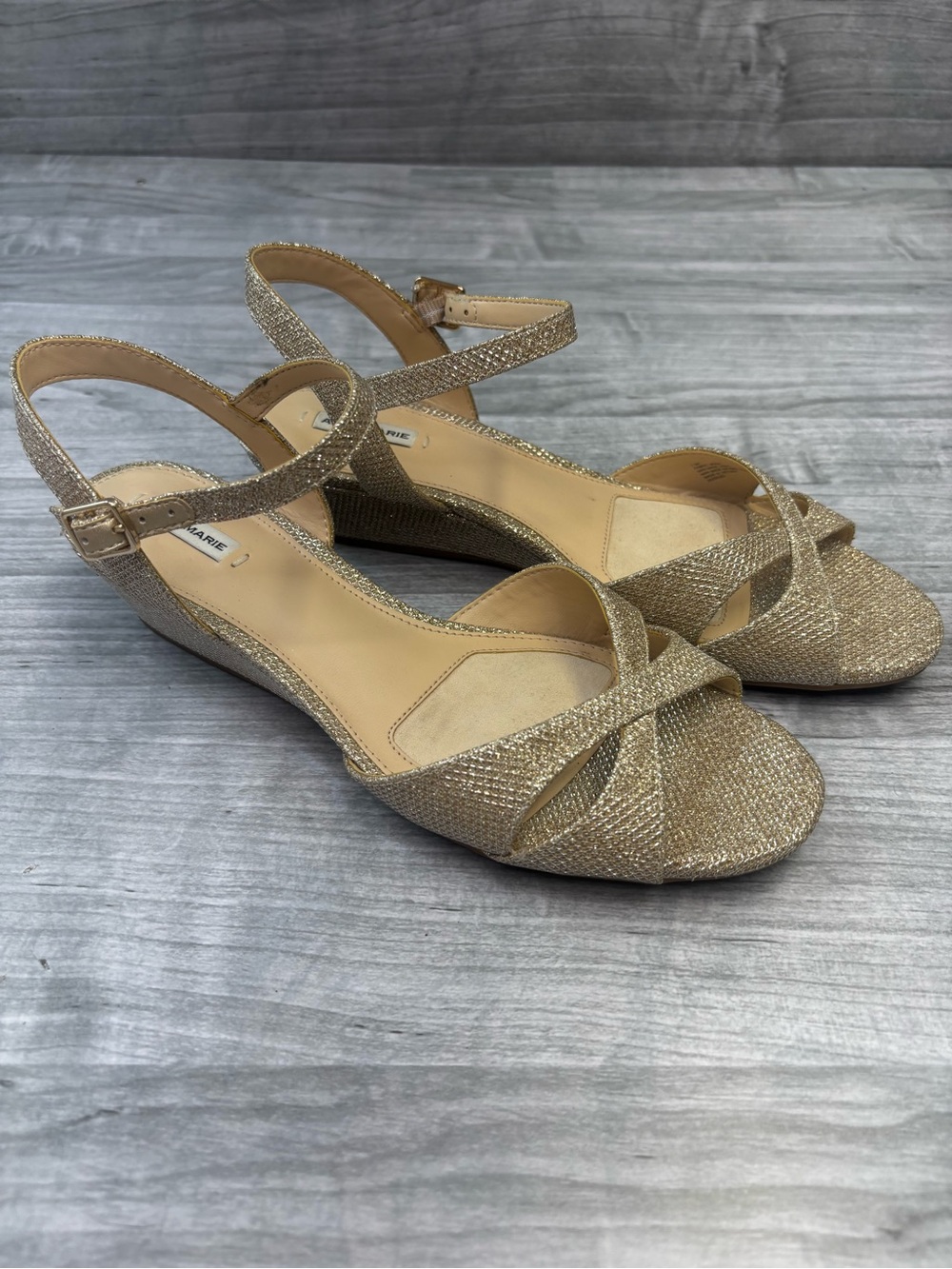 Alex Marie Gold Strappy Wedge Sandals Evening Wedding Black Tie 7.5